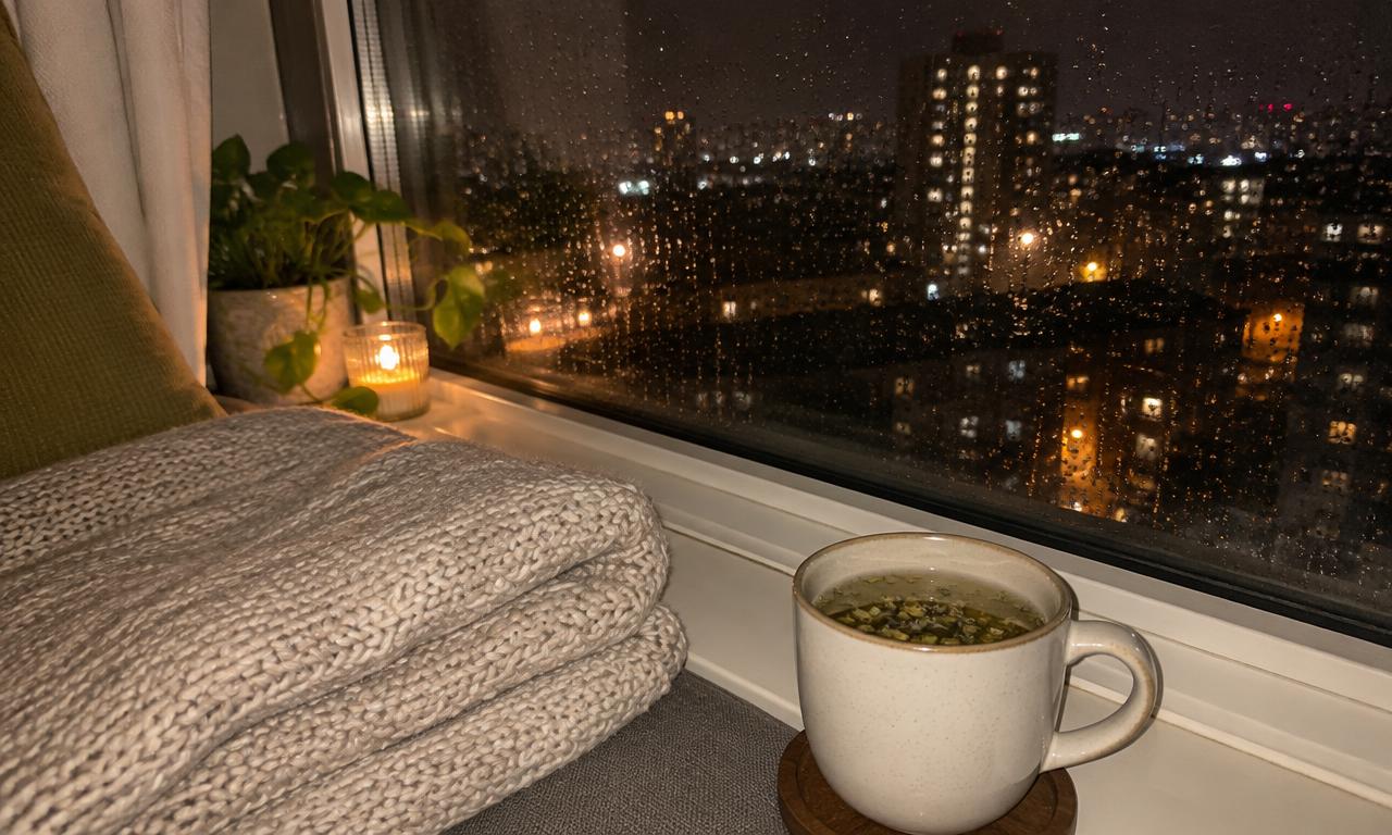 Une couverture pliée, une tasse chaude et la ville qui s’efface derrière la vitre.
